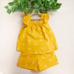 Girls Mustard Yellow Handloom Cotton Frill Top & Shorts