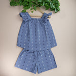 Girls Denim Blue Handloom Cotton Frill Top & Shorts