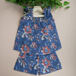 Girls Blue Printed Frill Top & Shorts Set