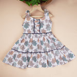 Premium cotton casual gathering frock with elegant leaf print and tiered flare, perfect for outdoor look and daily wear for girls aged 1–4 years.