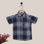 Boys navy check cotton shirt with straight collar, casual printed style by Boon Babies, featuring a classic button-up design.