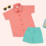 Boys coral handloom cotton printed shirt with straight collar paired with mint shorts co-ord set, perfect for casual summer wear.