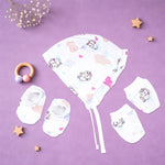 Boonbabies printed muslin baby knot cap, mittens, and booties set for 6-24 months, soft newborn accessories combo.