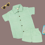 Boys mint green cotton shirt and shorts set with printed straight collar by Boon Babies, featuring a coordinated outfit for children.