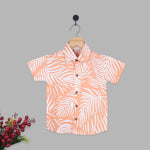 Boys Straight Collar Cotton Shirt – Peach Leaf Print Casual Style