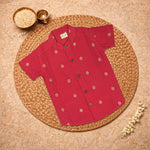 Red premium raw silk ethnic shirt and matching dhoti set for festive wear, by Boon Babies.