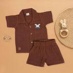 Rust brown crinkle muslin shirt and shorts set with zebra embroidery for boys – soft, breathable kidswear by Boon Babies, Coimbatore.
