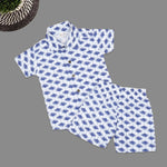 Soft cotton boys co-ord set with blue floral print, straight collar shirt and comfy shorts—perfect for casual style look and outdoor wear.