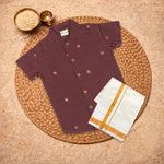 Yellow raw silk festive ethnic shirt and dhoti set for boys by Boon Babies, featuring a traditional solid yellow design.