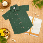 Elegant green handloom silk cotton shirt with optional dhoti, perfect for festive and traditional wear.