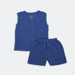 Soft navy blue crinkled muslin jabla and shorts set for babies (3โ18 months), designed for breathable daily comfort.