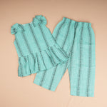 Mint green handloom cotton sleeveless top and pant set with lining and elastic fit for girls aged 1β5 years. Comfortable everyday kidswear from Boon Babies, Coimbatore.