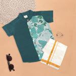 Teal Green Silk Panel Shirt with Pattu Dhoti for Boys – Festive Ethnic Wear