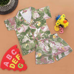 Boys' cotton co-ord set with open collar shirt and shorts, featuring green splash print – from Boon Babies, ideal for 12 months to 5 years.