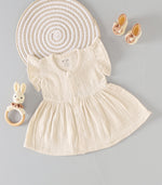 Beige Cream Crinkled Muslin Frill Frock – Classic Soft Elegance for Little Ones