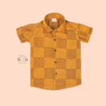 Mustard yellow checkered silk shirt for boys with button-down front – festive wear for 12 months to 5 years from Boon Babies.