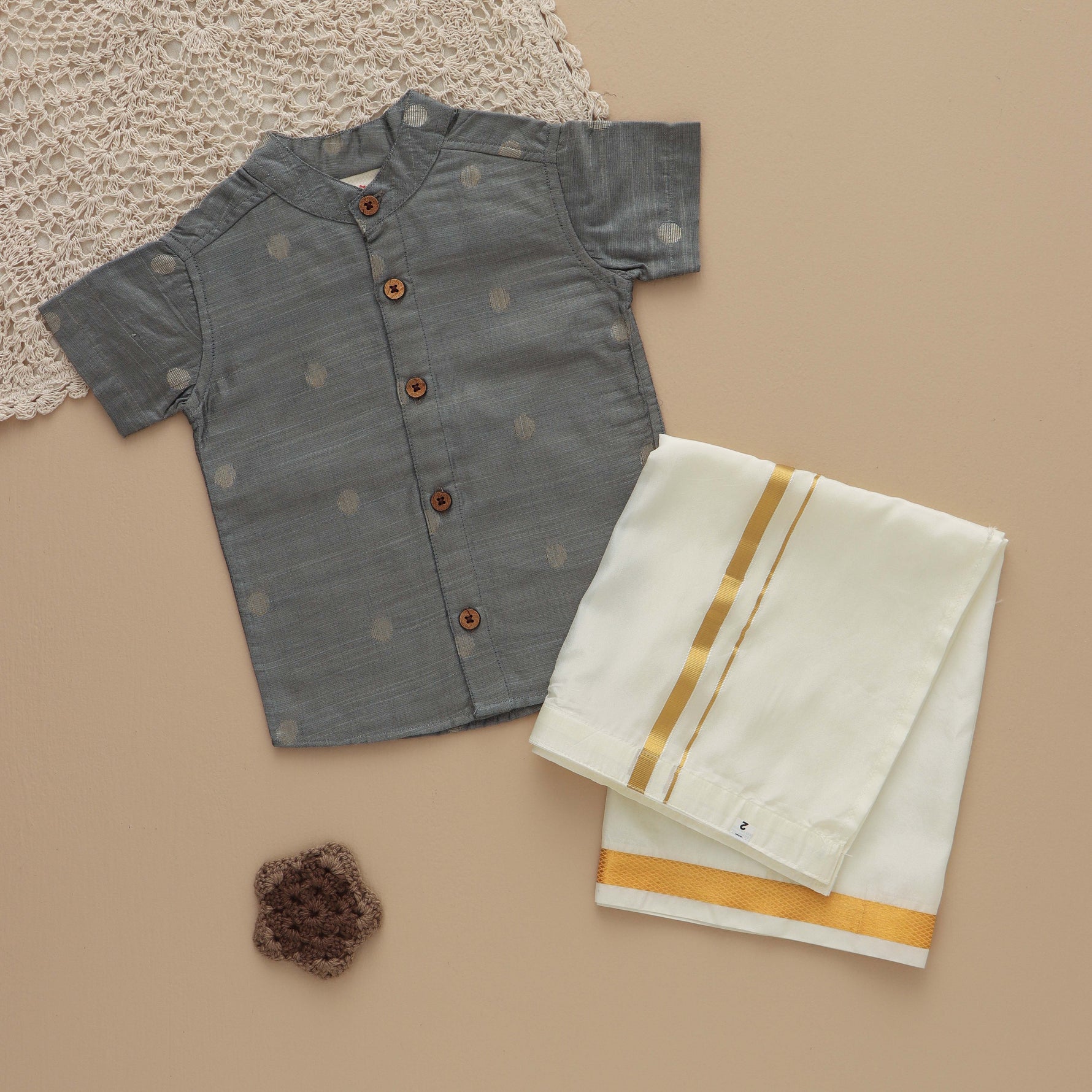 Classic Grey Boys' Ethnic Shirt with Golden Zari Dhoti Set Boon Babies