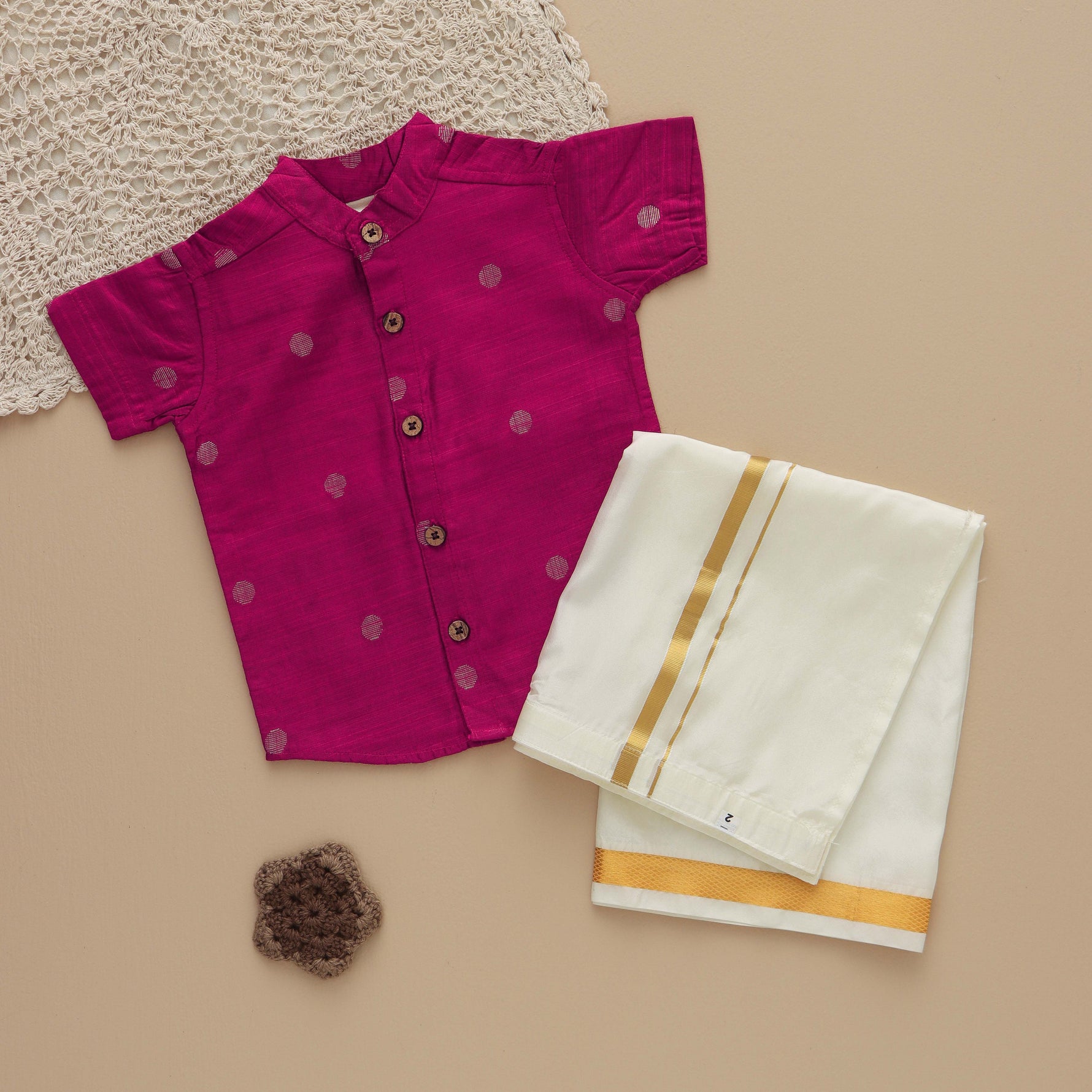 Vibrant Rani PInk Boys' Ethnic Shirt with Golden Zari Dhoti Set Boon Babies