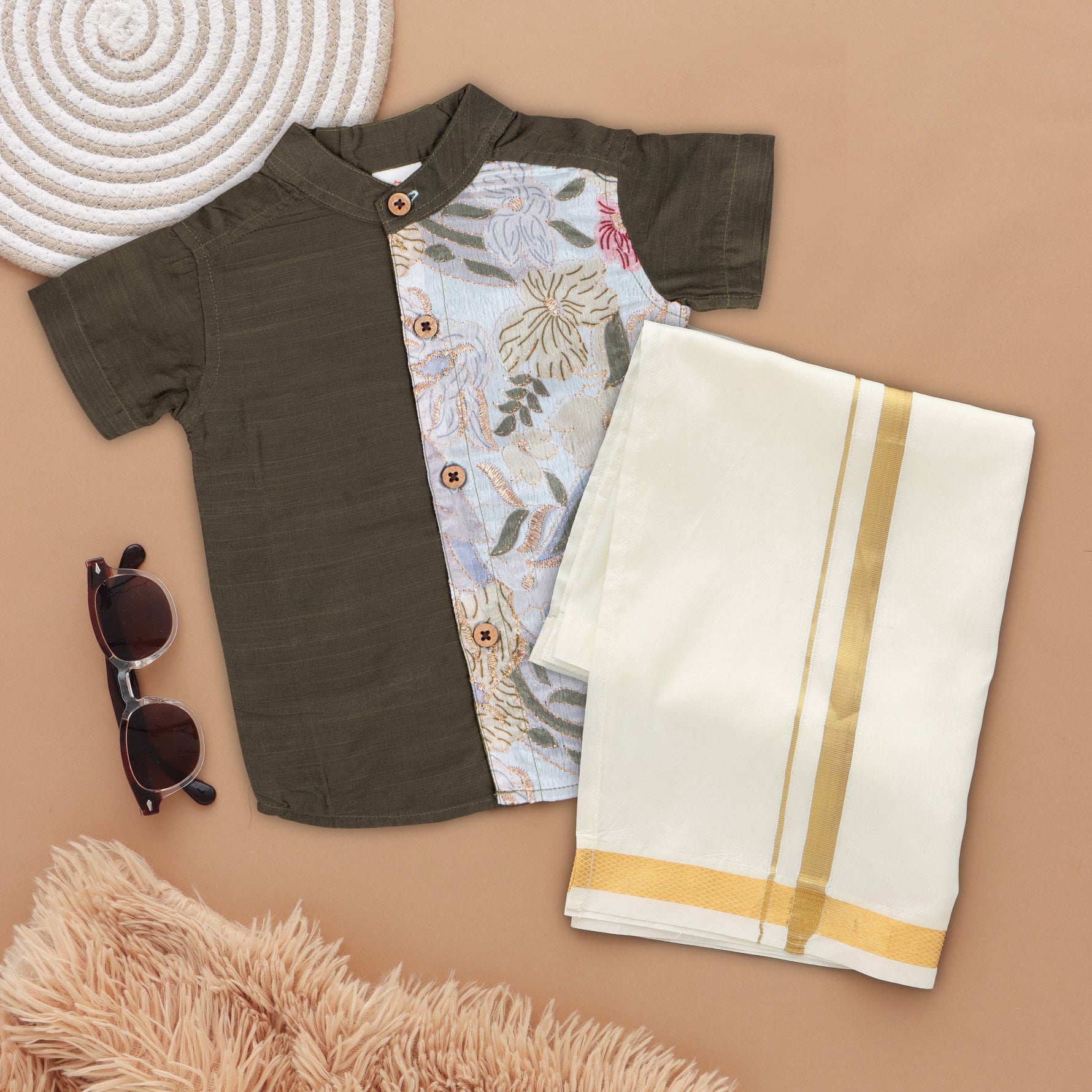 Premium Boys' Ethnic Silk Shirt and Dhoti Set with Floral Embroidery Boon Babies
