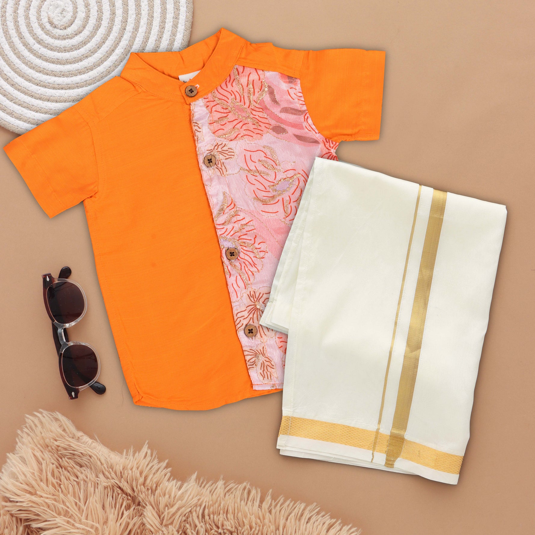 Premium Boys' Ethnic Silk Shirt and Dhoti Set in Vibrant Orange Boon Babies
