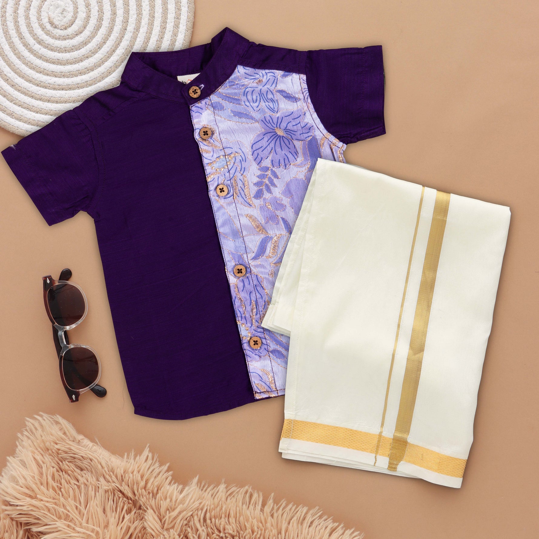 Regal Purple Boys' Silk Shirt and Dhoti Set with Embroidered Panel Boon Babies
