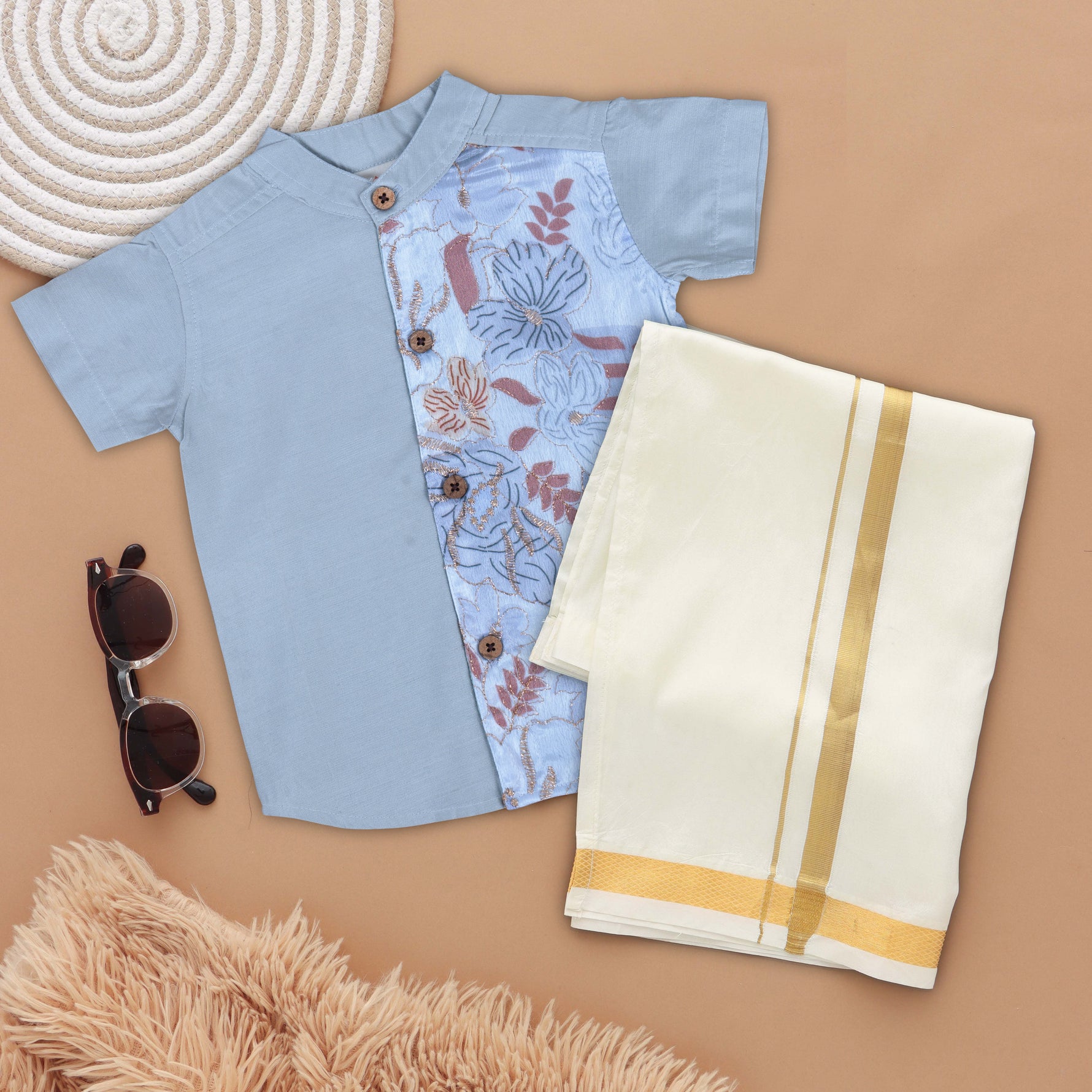 Graceful Grey Boys' Silk Shirt and Dhoti Set with Embroidered Details Boon Babies