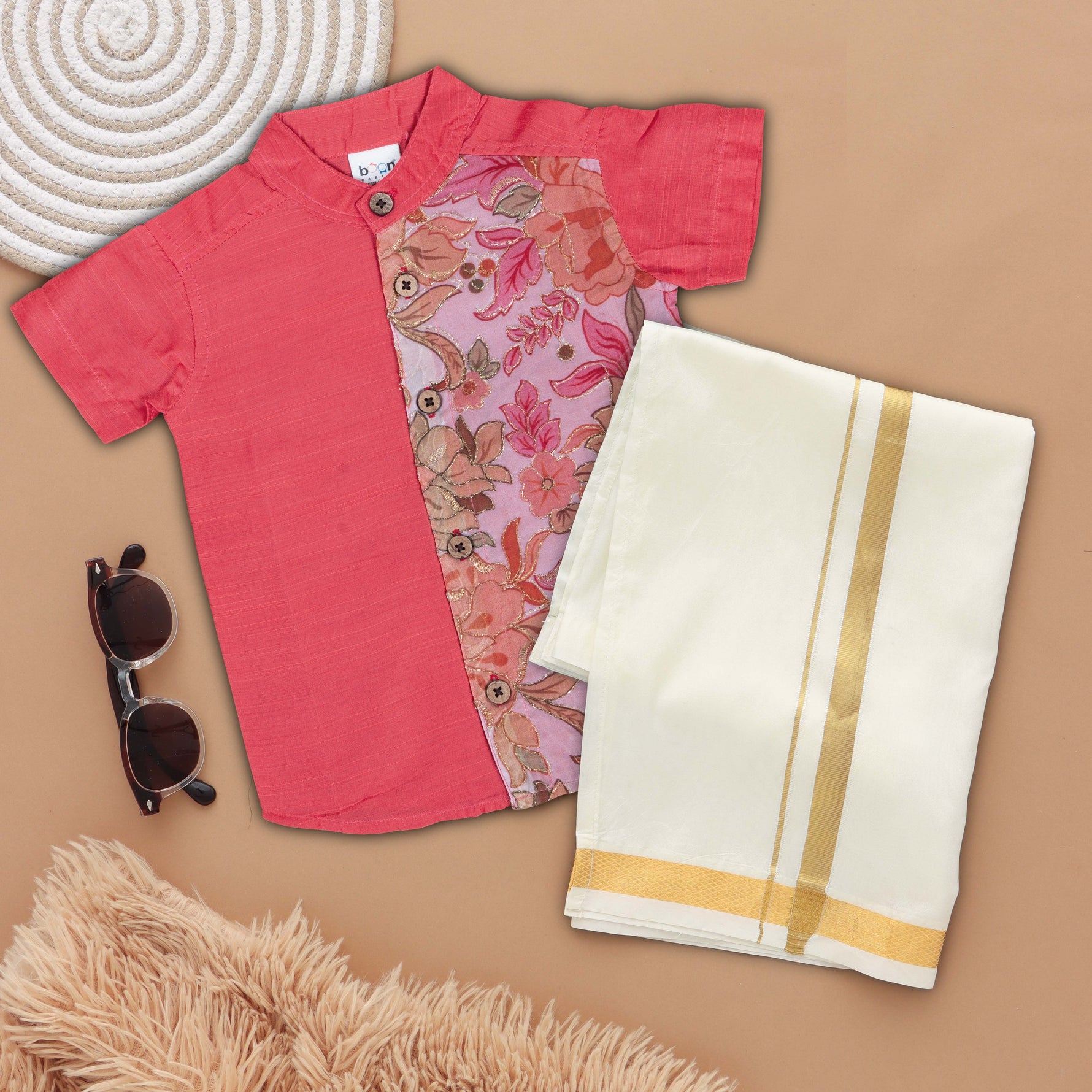 Charming Coral Boys' Silk Shirt and Dhoti Set with Floral Embroidery Boon Babies