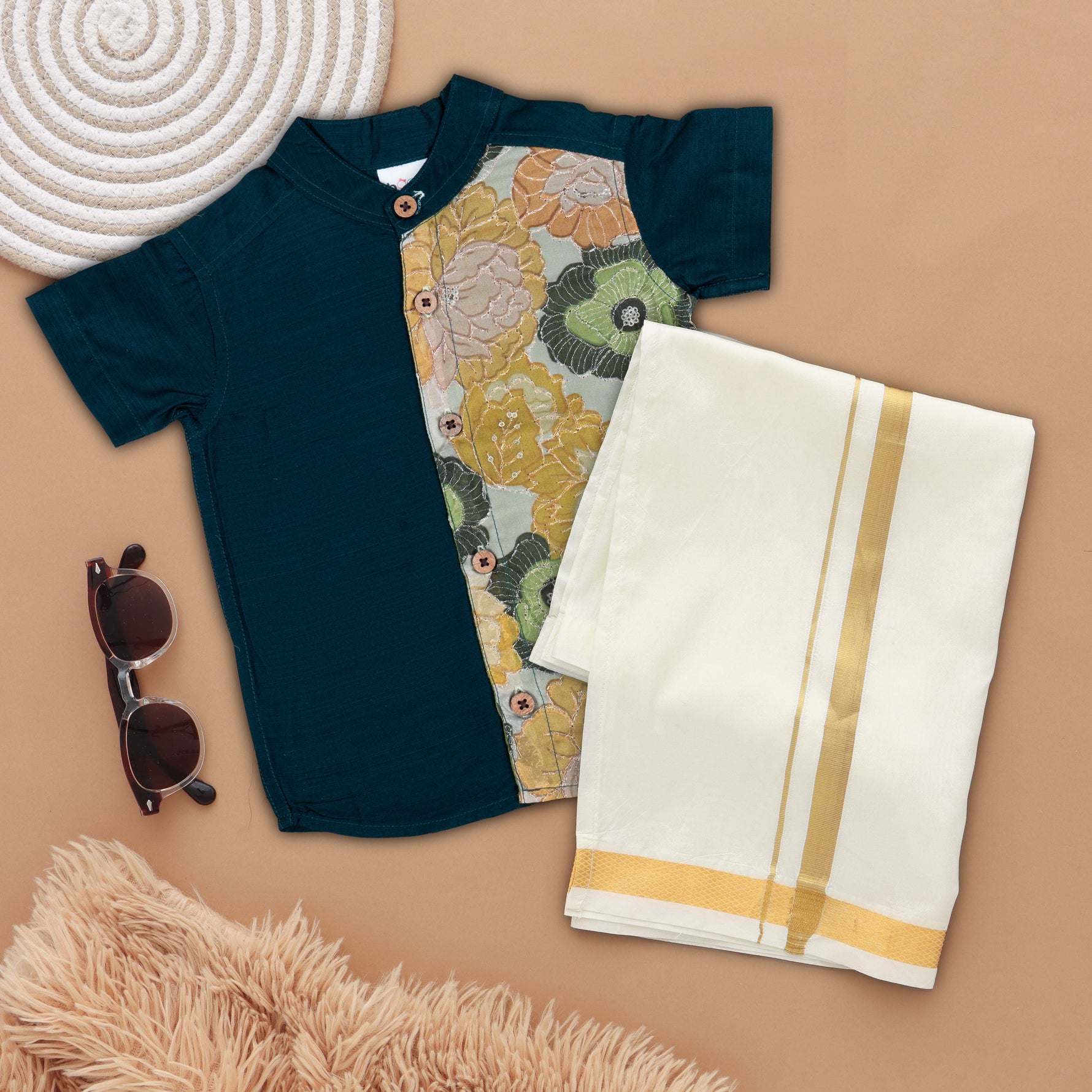 Dark Green Boys' Silk Shirt and Dhoti Set with Bold Floral Design Boon Babies