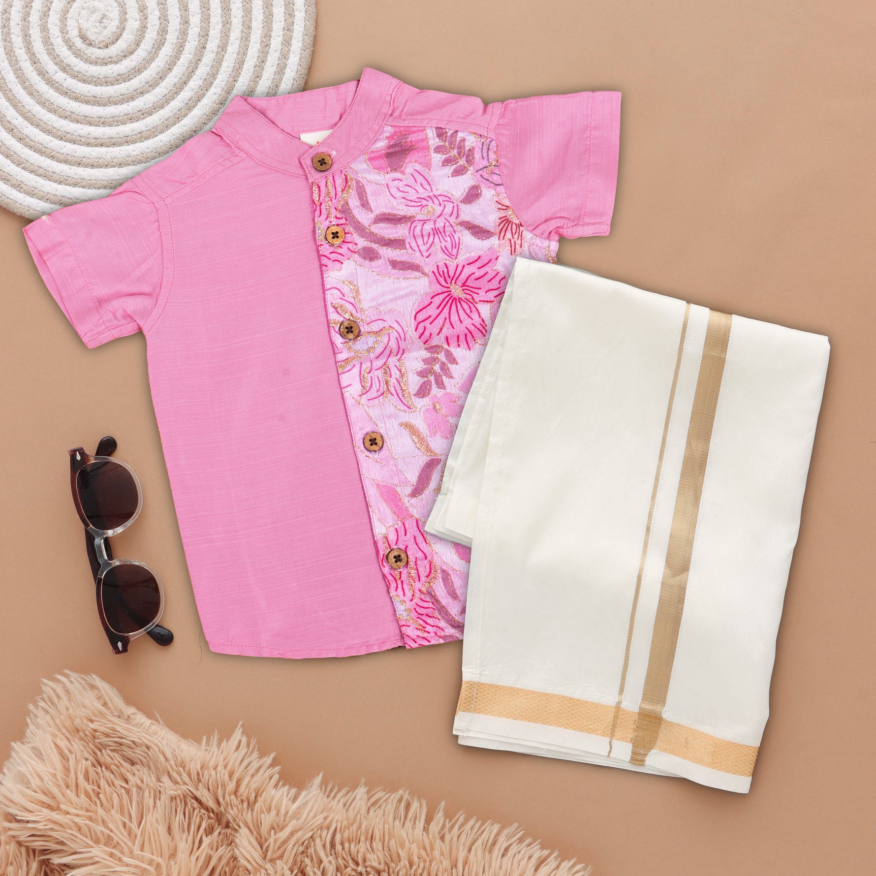 Blossom Pink Boys' Ethnic Silk Shirt and Dhoti Set with Elegant Embroidery Boon Babies