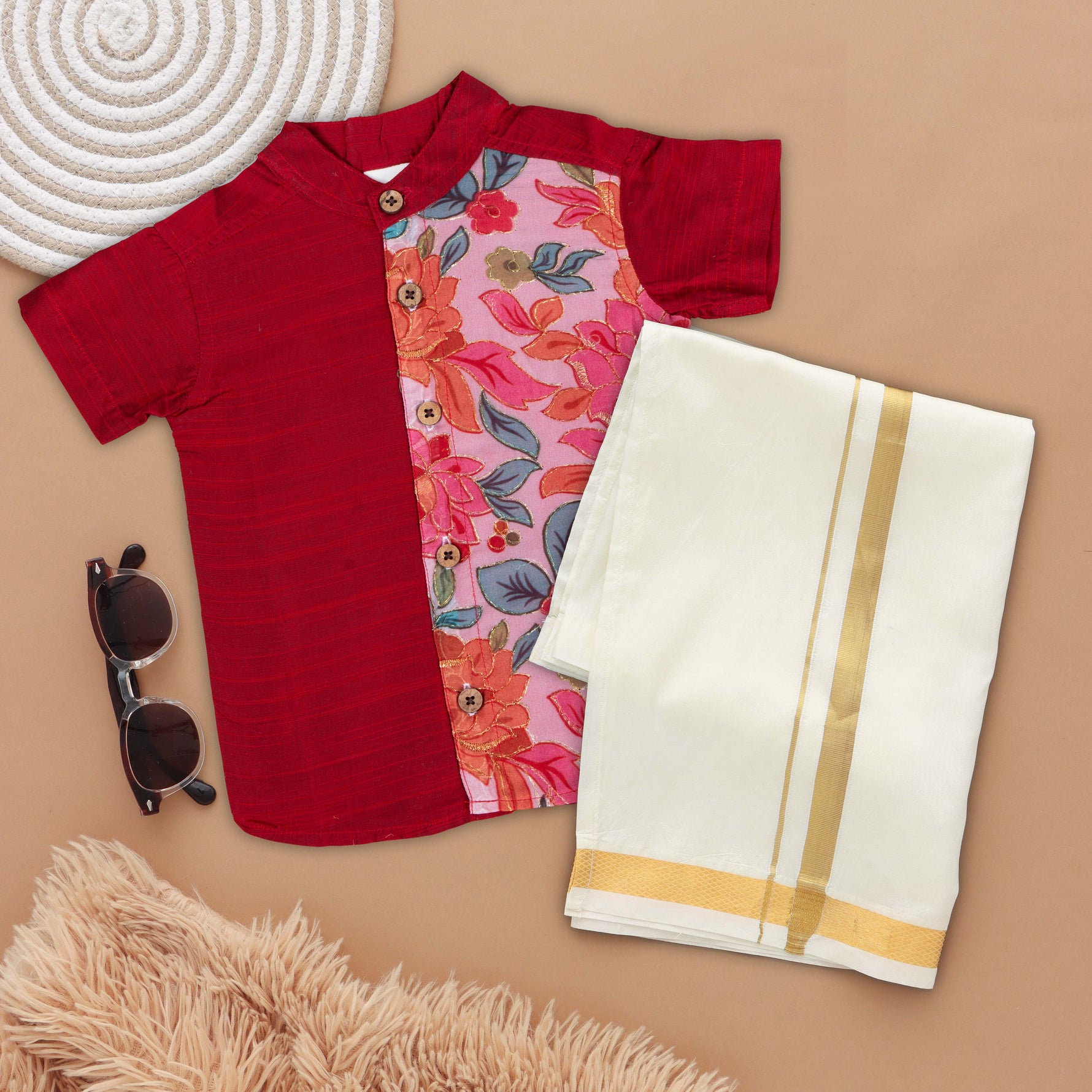 Premium Boys' Ethnic Silk Shirt and Dhoti Set – Vibrant Floral Accent Boon Babies