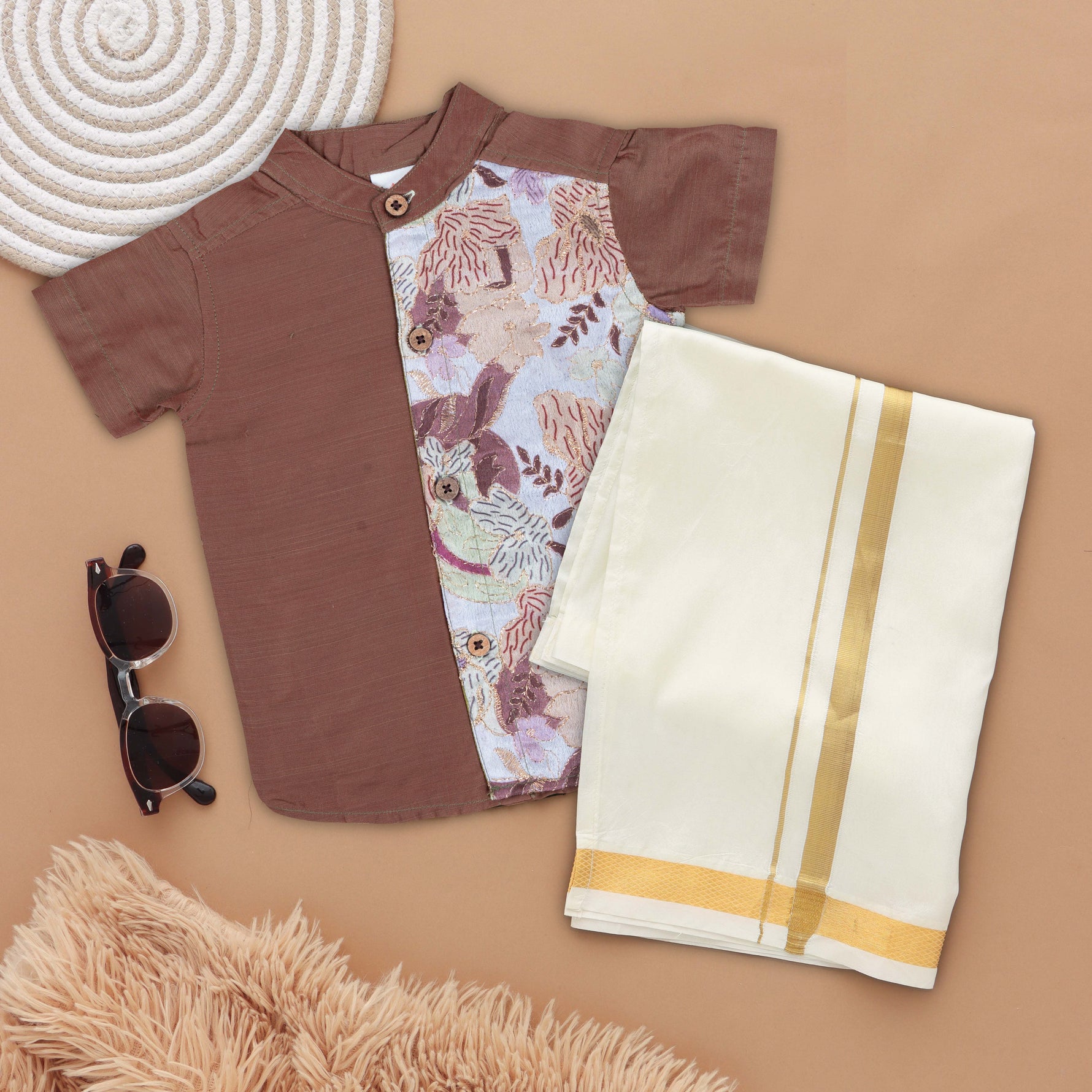 Chocolate Brown Boys' Ethnic Silk Shirt and Dhoti Set with Floral Embroidery Boon Babies
