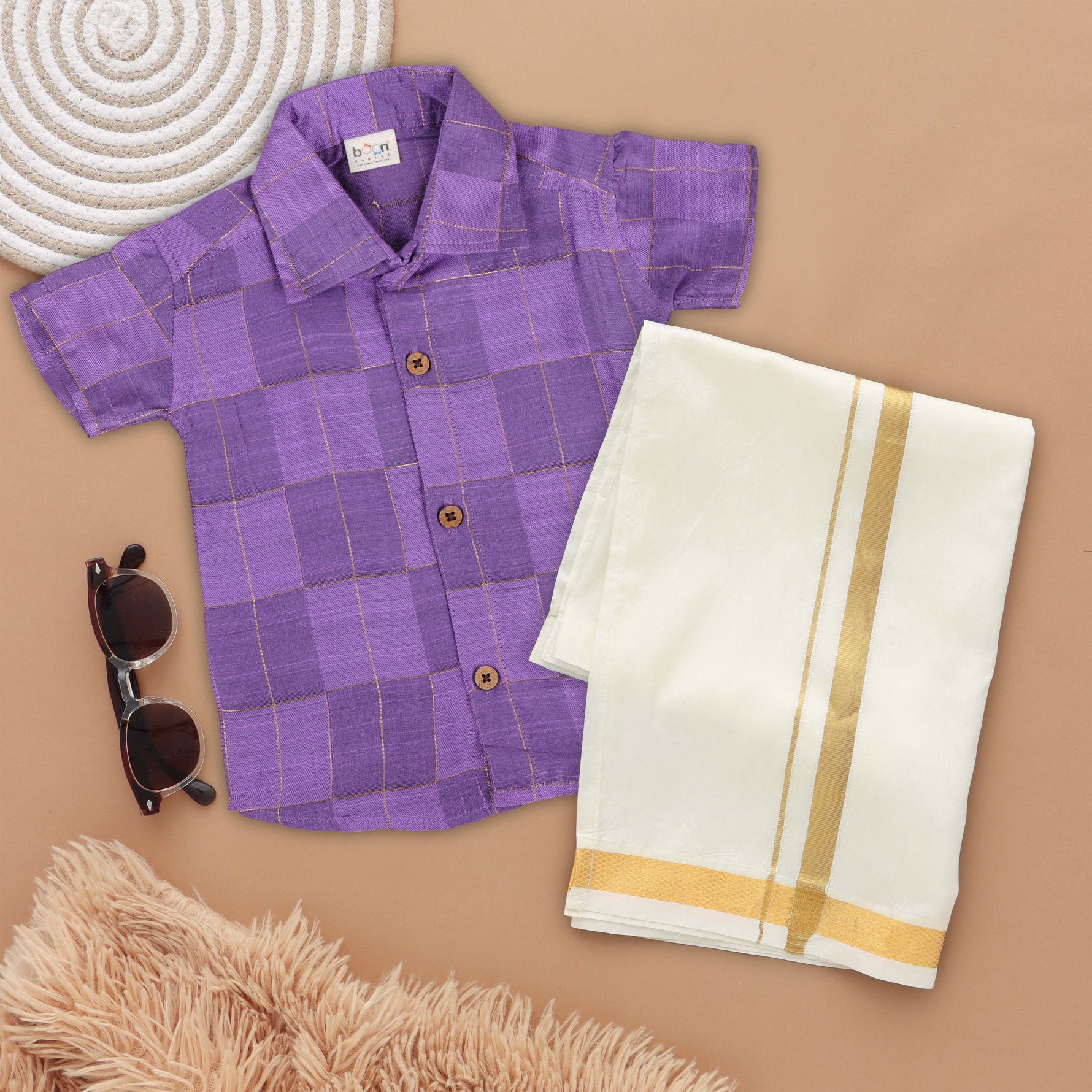 Royal Purple Boys Ethnic Shirt and Dhoti Set with Zari Border Boon Babies