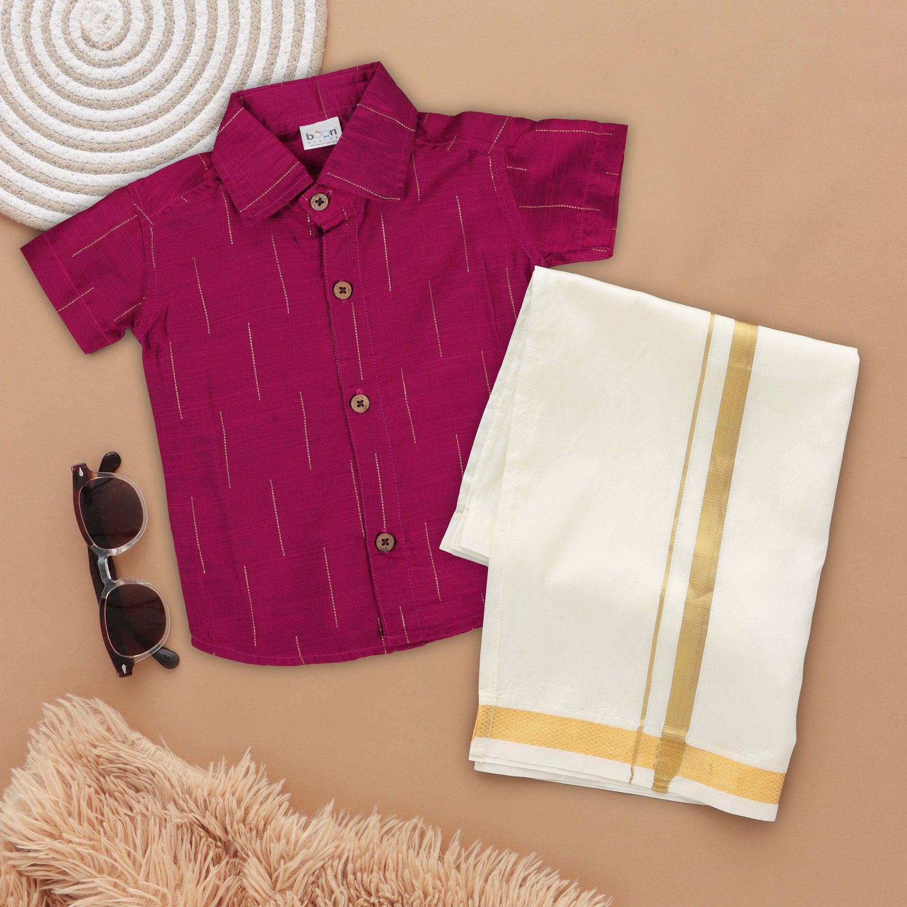 Elegant Rani Pink Boys Ethnic Shirt and Dhoti Set with Zari Detailing Boon Babies