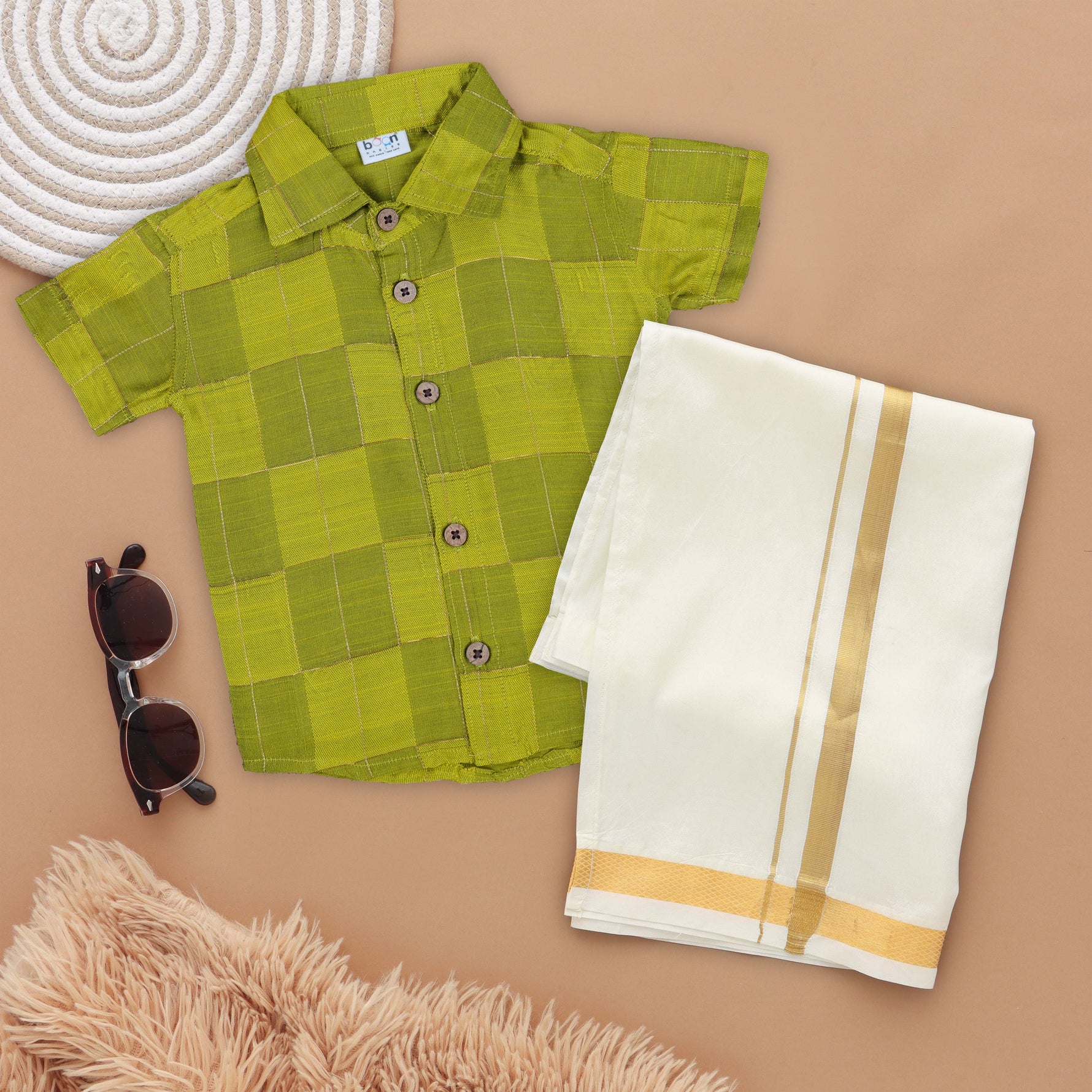 Vibrant Green Boys' Ethnic Shirt and Dhoti Set with Zari Highlights Boon Babies