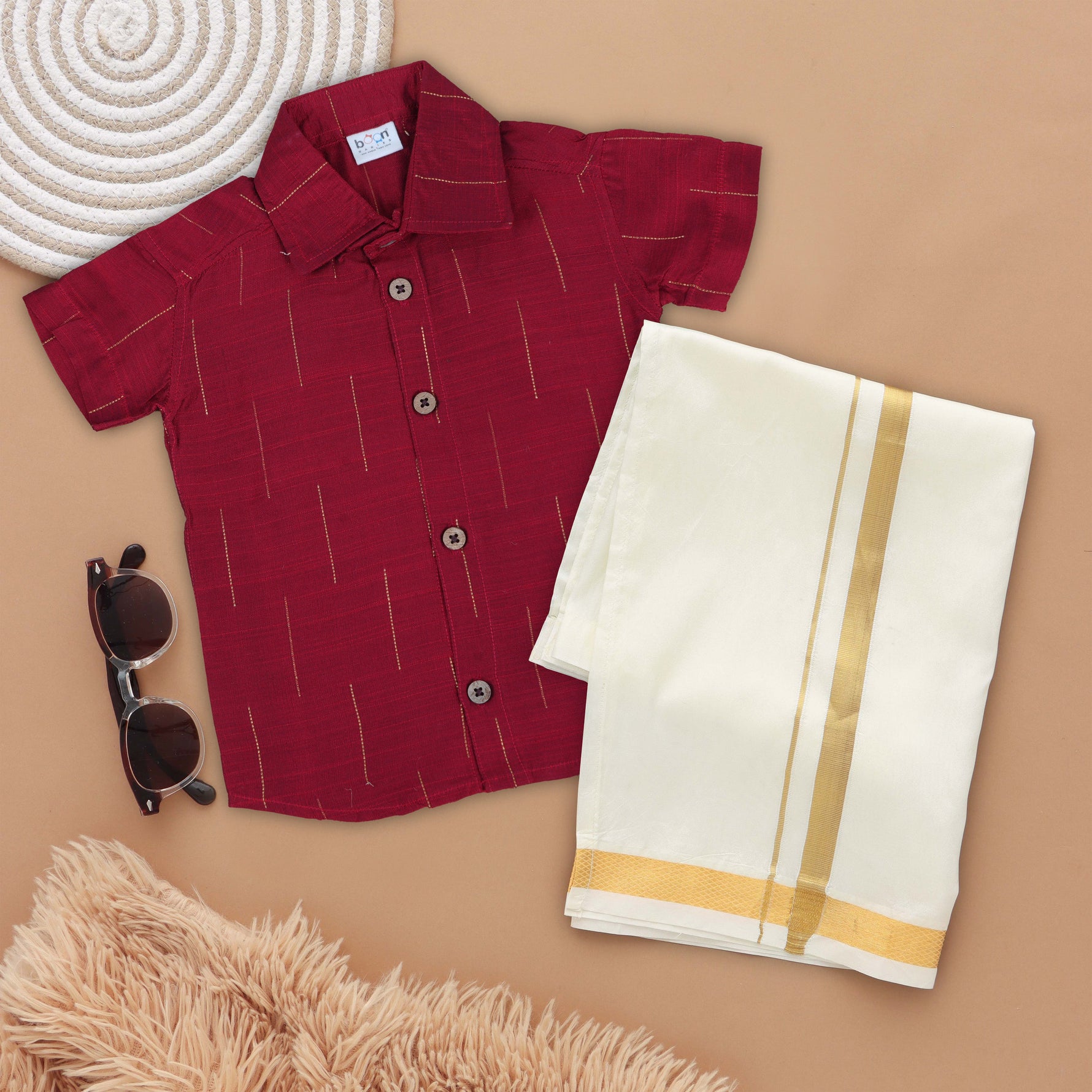 Red Boys Ethnic Shirt & Golden Zari Dhoti Set – Premium Festive Wear Boon Babies