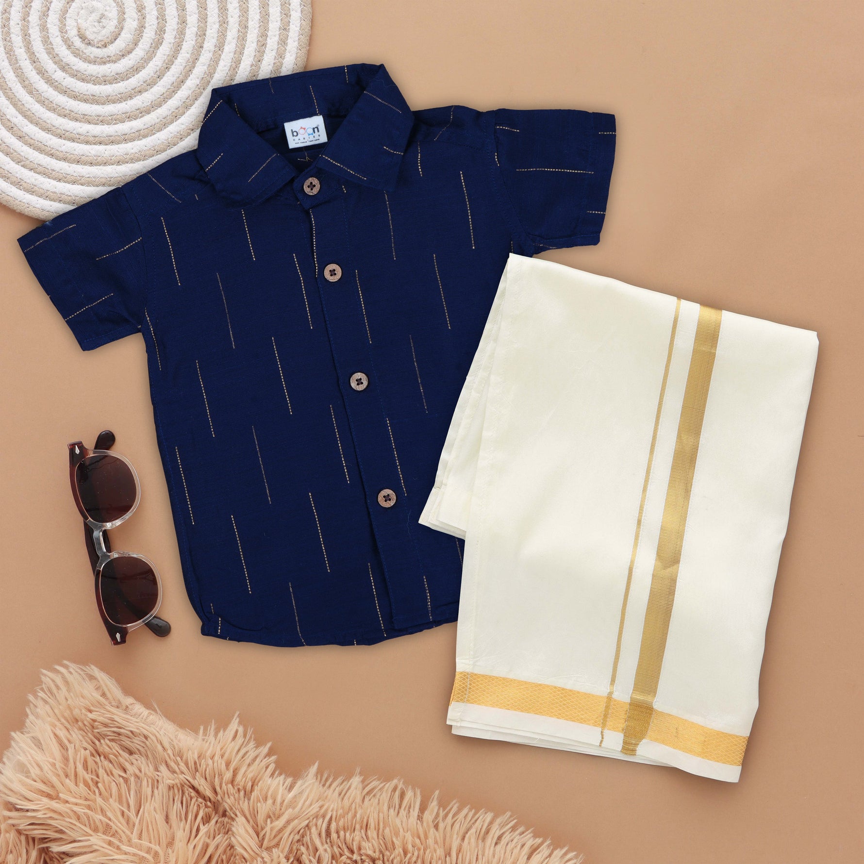 Elegant Navy Blue Boys Ethnic Shirt and Dhoti Set with Golden Highlights Boon Babies