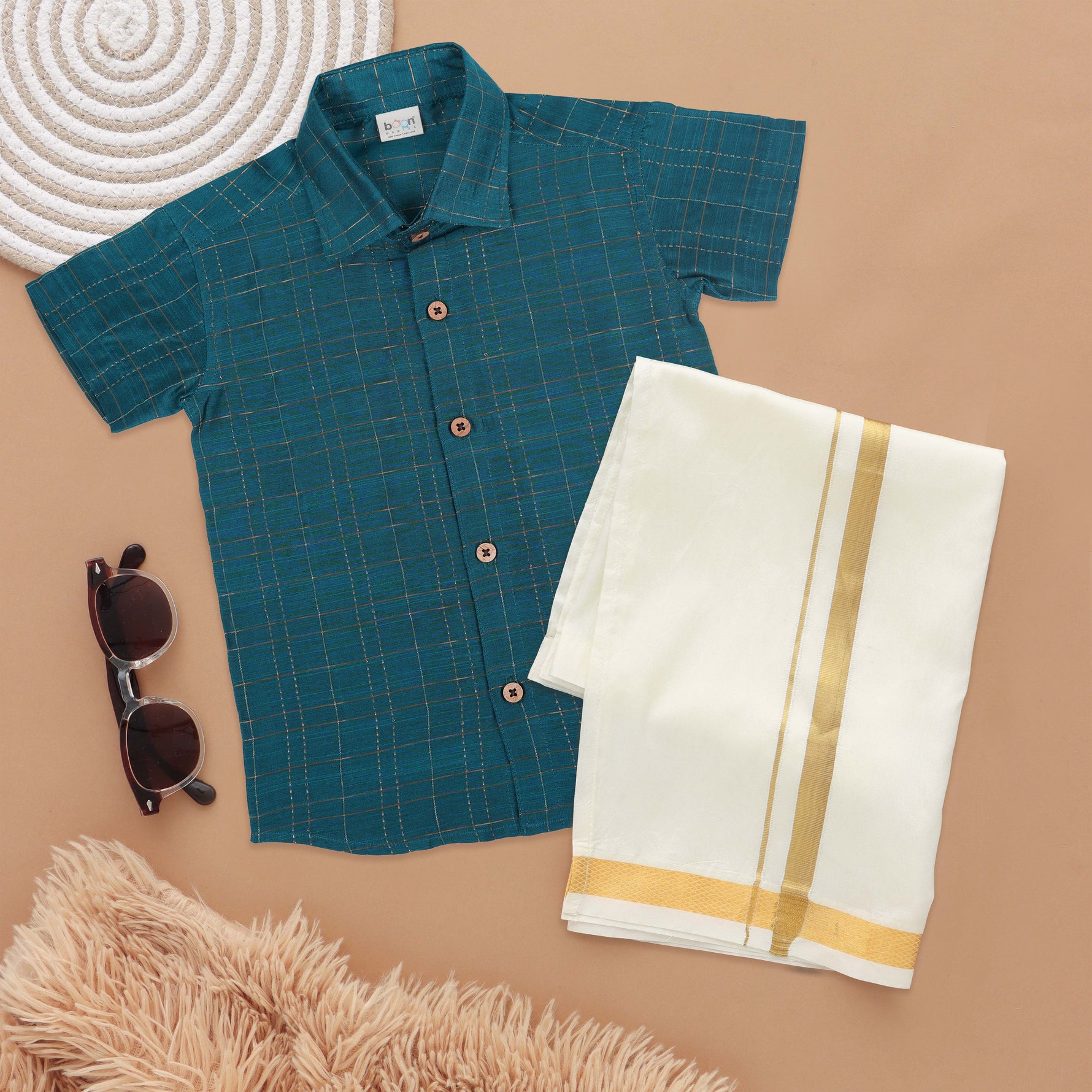 Teal Blue Boys Ethnic Silk Shirt & Dhoti with Subtle Checks Boon Babies