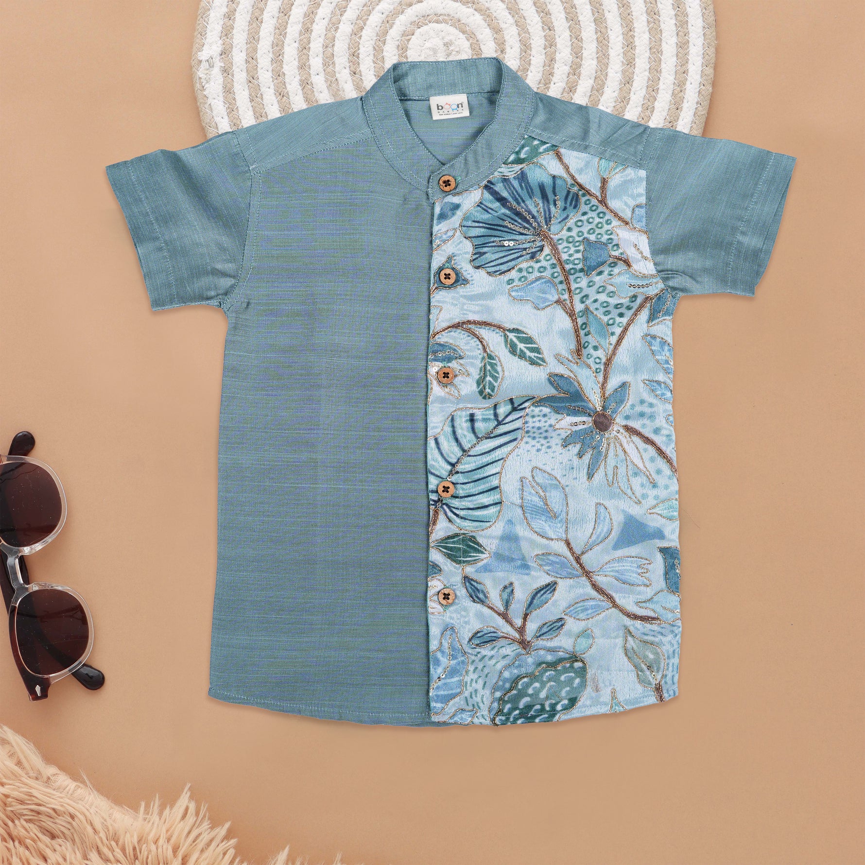 Elegant Grey Floral Pattern Boys Ethnic Shirt Boon Babies