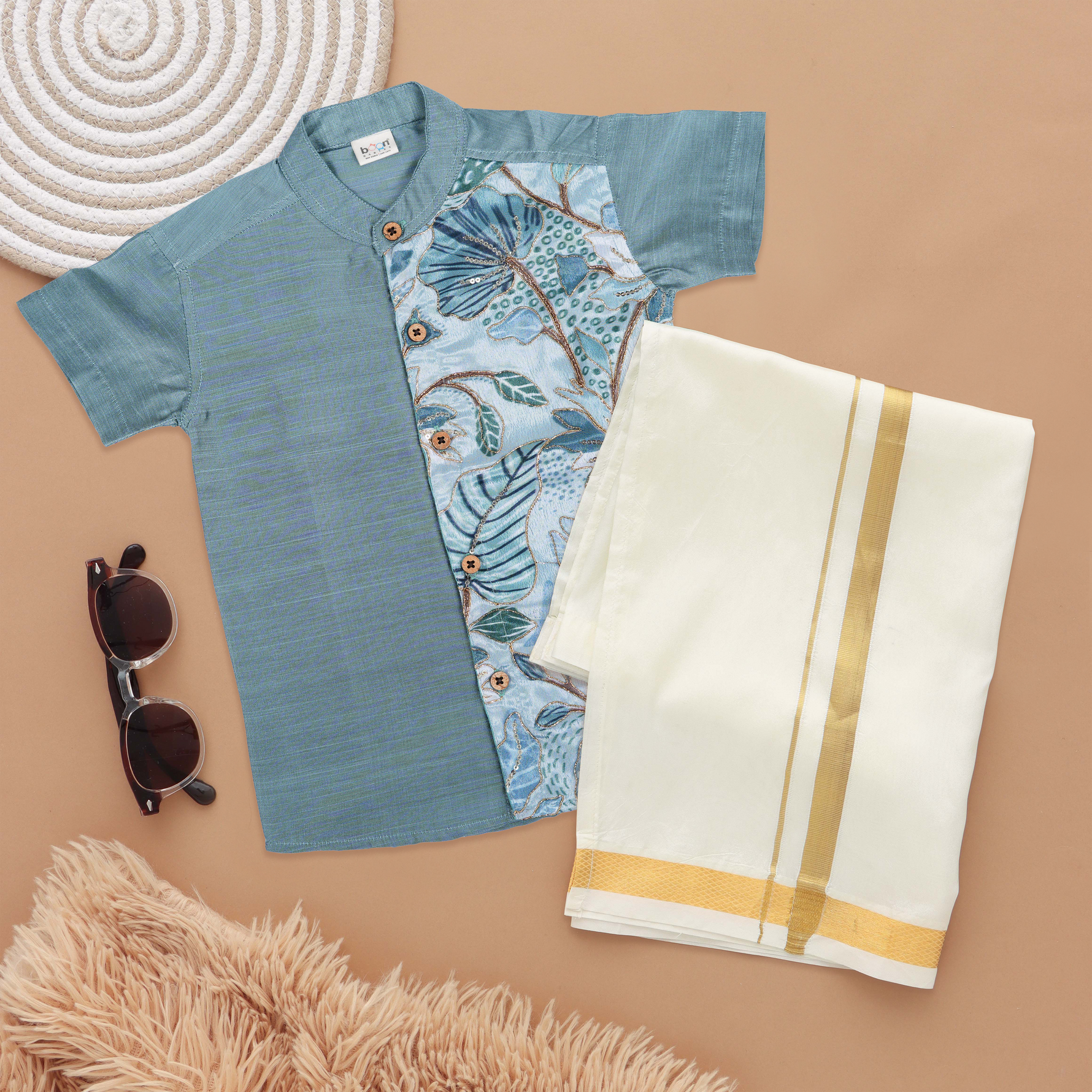 Boys Ethnic Silk Shirt & Dhoti with Floral Embroidery Panel Boon Babies