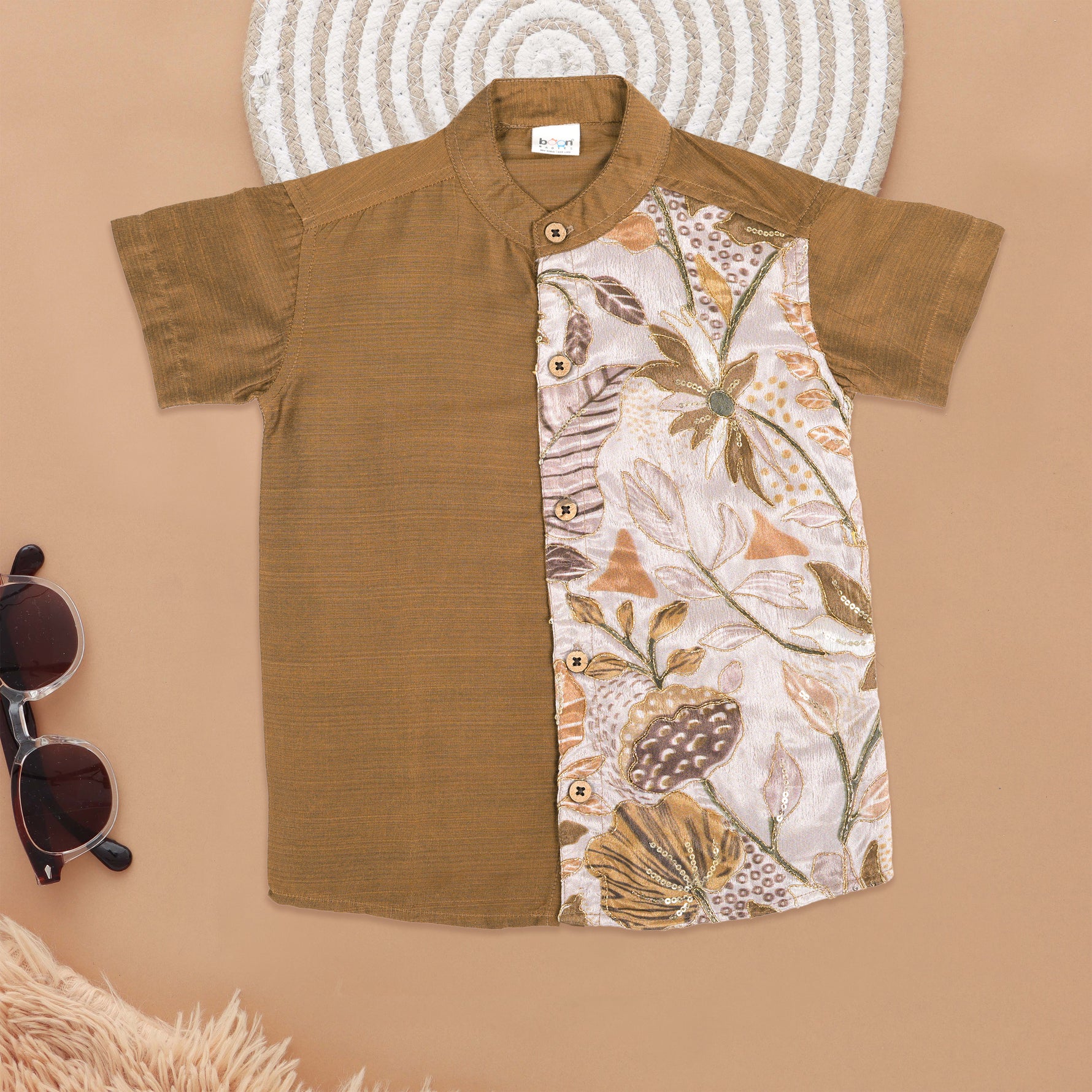 Classic Brown with Botanical Print Boys Ethnic Shirt Boon Babies