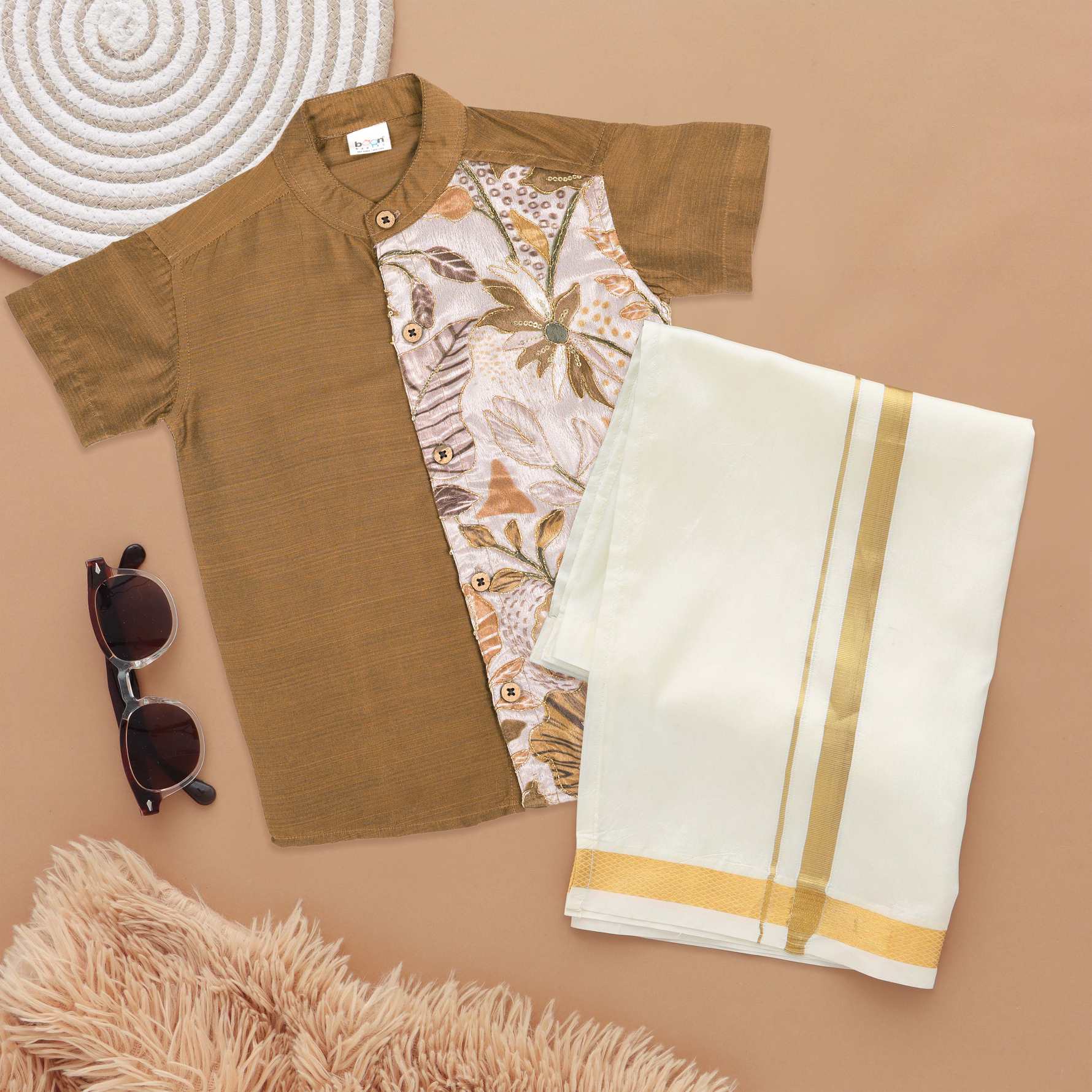 Mustard Brown Boys Ethnic Silk Shirt & Dhoti with Floral Embroidery Panel Boon Babies