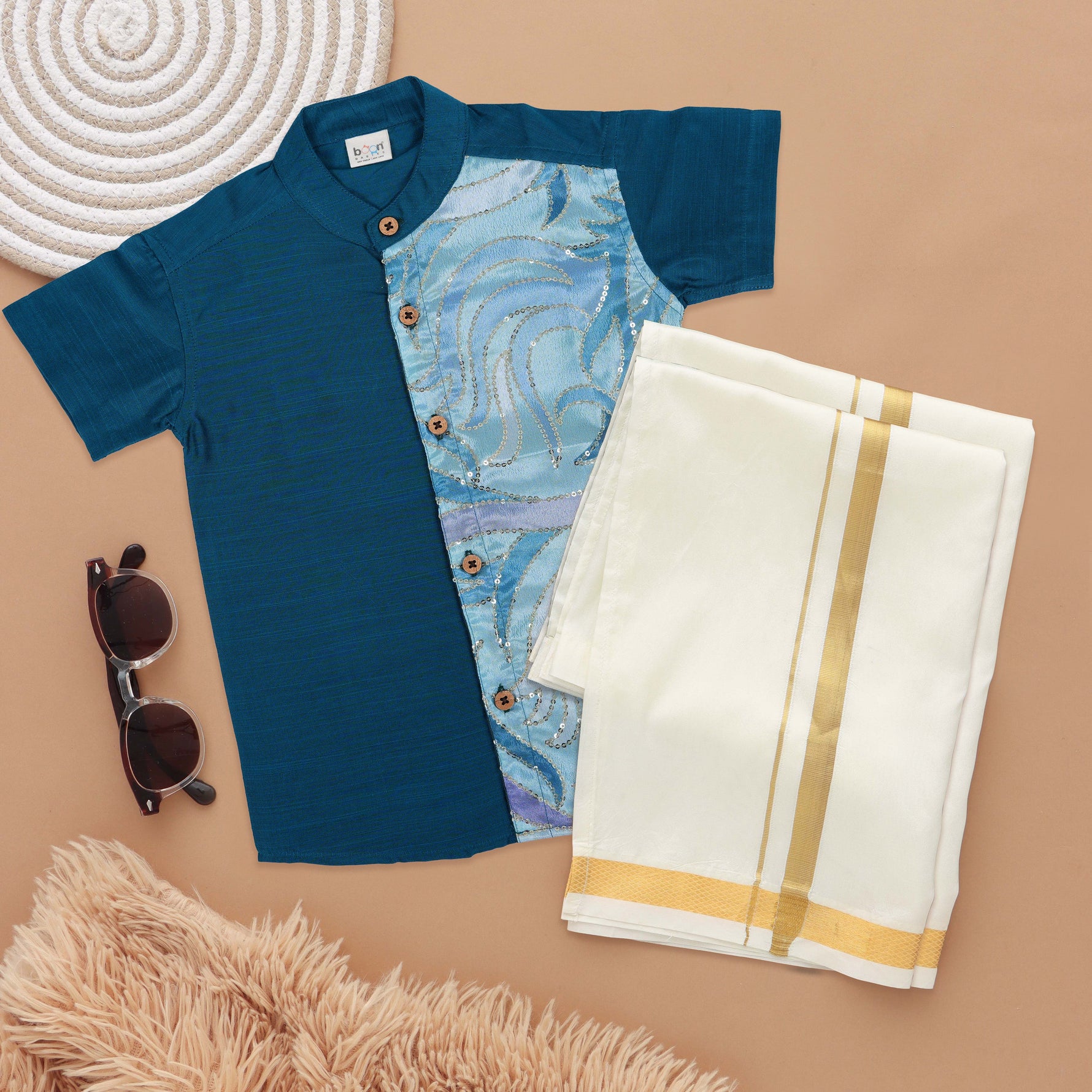 Teal Blue Boys Ethnic Silk Shirt with Dhoti Shimmering Sequin Detail Boon Babies