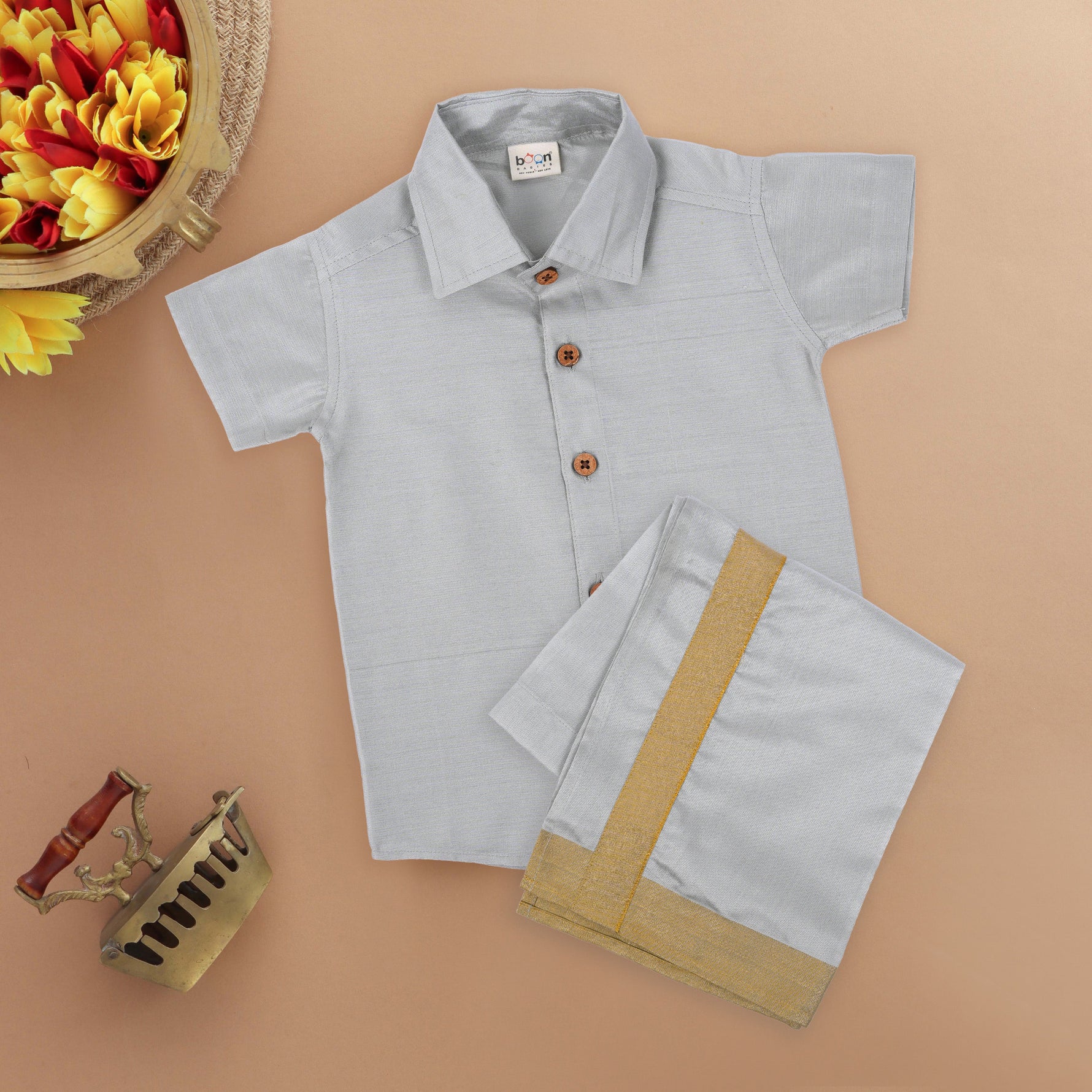 Elegant Grey Boys' Silk Shirt and Dhoti Set - Festive Ethnic Wear Boon Babies