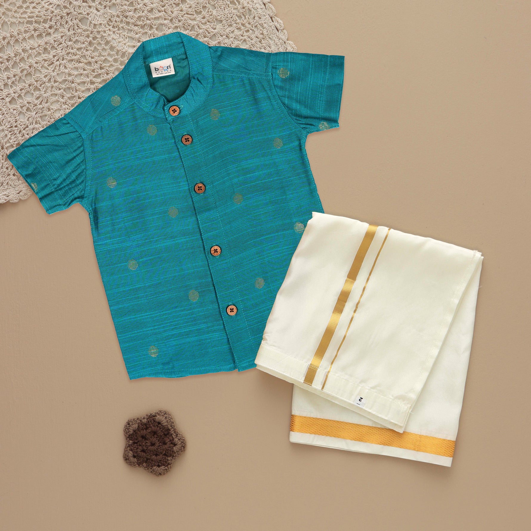Teal Blue Silk Ethnic Shirt with Dhoti for Boys – Festive Elegance Boon Babies