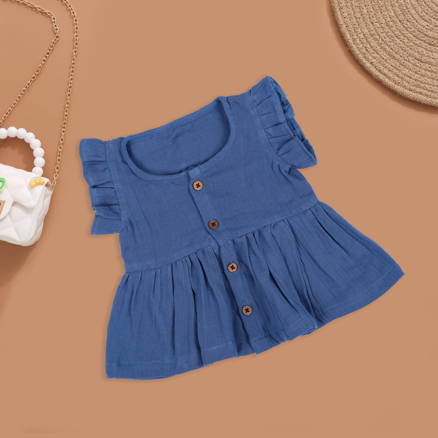 Minimalist Solid Blue Baby Frock with Wooden Buttons Boon Babies