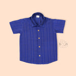 Royal blue silk ethnic shirt for boys aged 12 months to 5 years, with wooden buttons and gold pinstripe detail – festive wear from Boon Babies, Coimbatore.