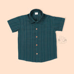 Teal blue silk ethnic shirt for boys aged 12 months to 5 years with wooden buttons and gold stripe detailing – festive babywear by Boon Babies, Coimbatore.