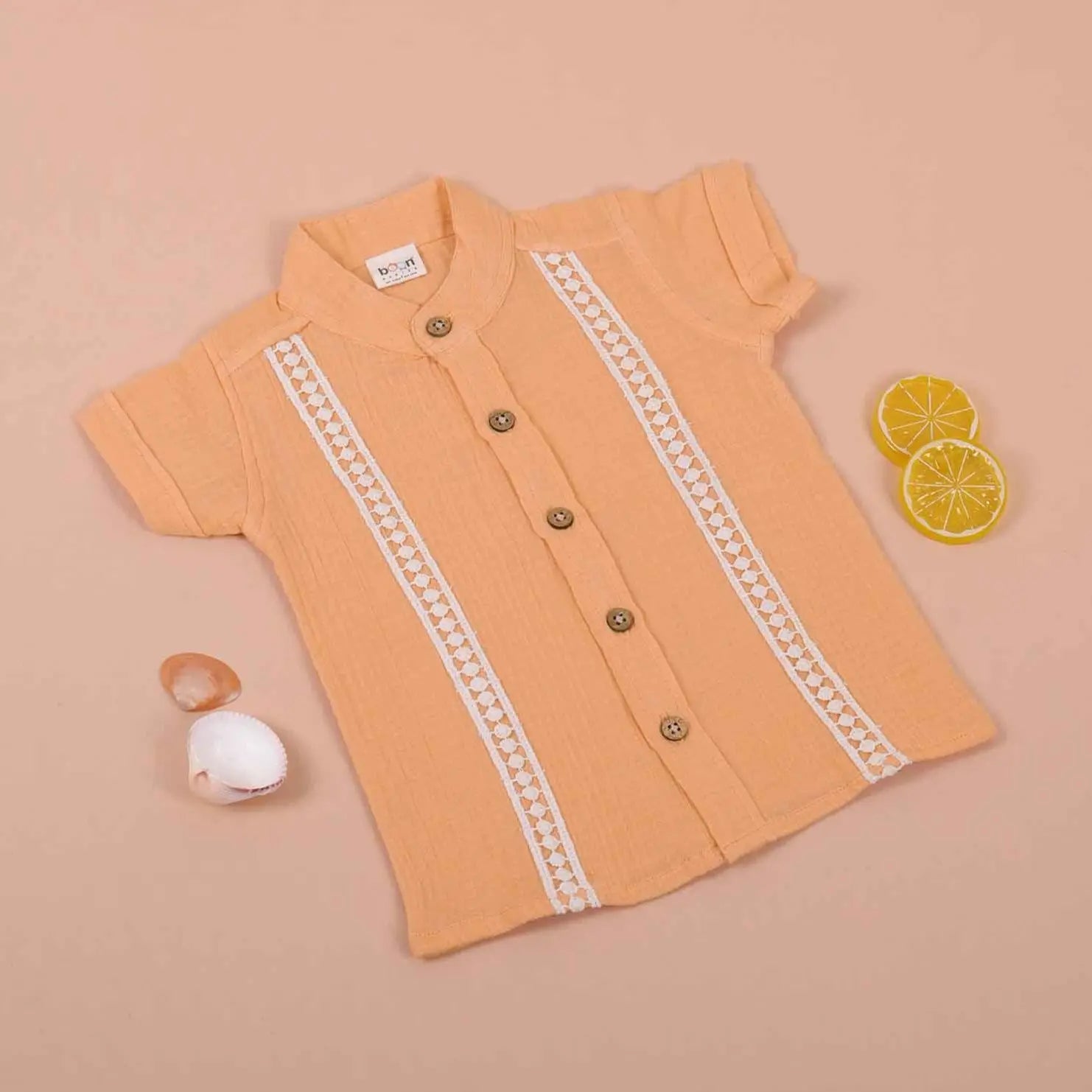 Boys Organic Muslin Shirt with Lace Detailing Peach Boon Babies