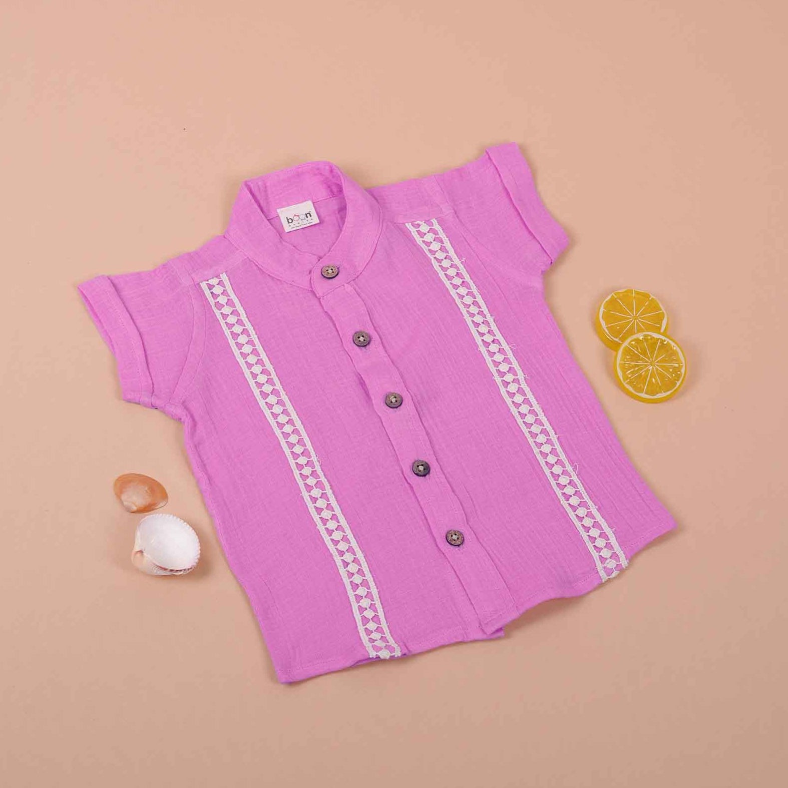 Boys Organic Crinkled Muslin Shirt Pink with Lace Detailing Boon Babies