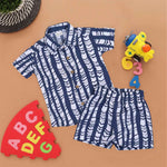 Blue Wave Pattern Cotton Shirt and Shorts Set for Boys